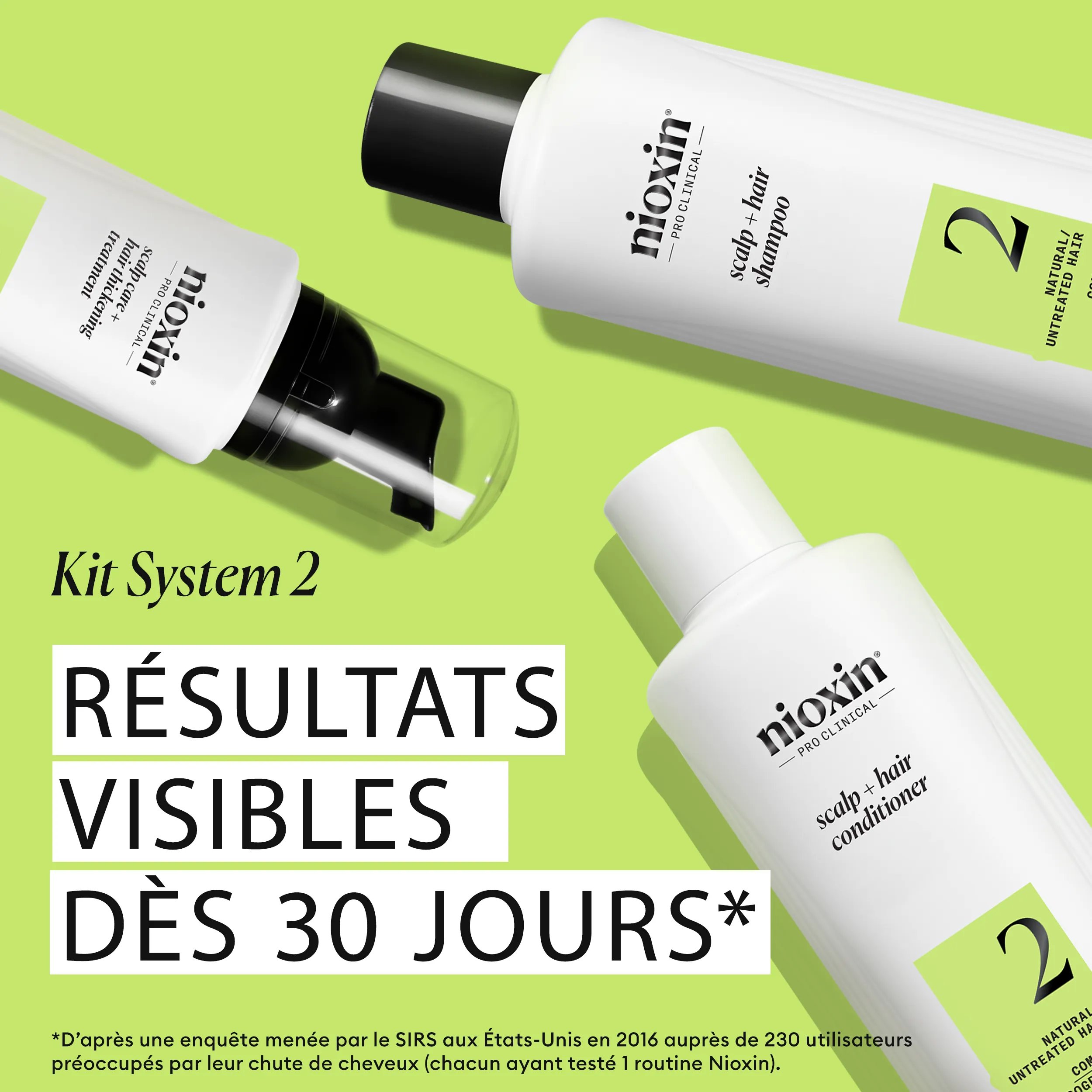 3 soins du Kit System 02 de Nioxin sur fond vert citron