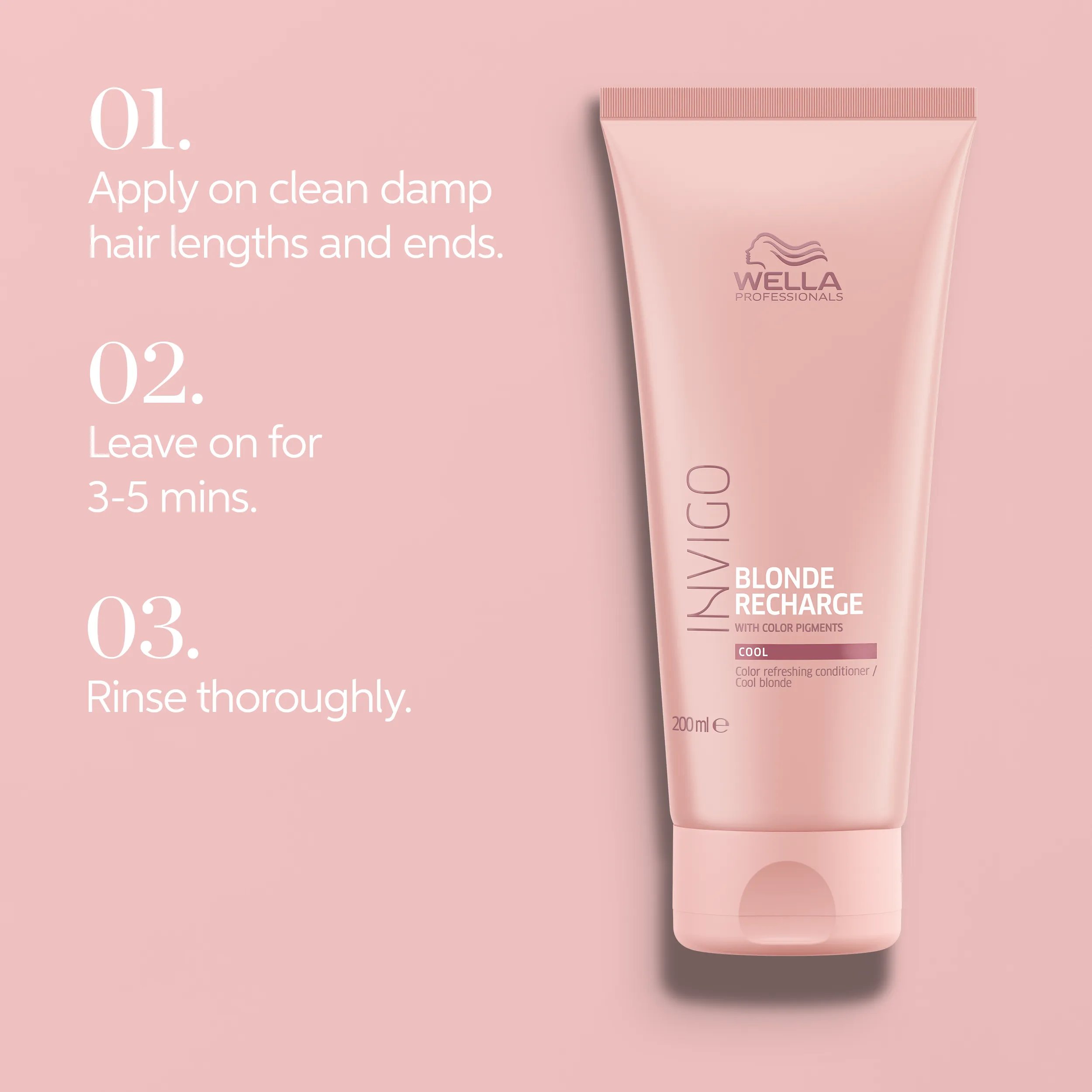 Text describing how to use the invigo blonde recharge conditioner; 1. apply on clean damp hair lengths and ends, 2. leave on for 3-5 mins, 3. rinse thoroughly. 