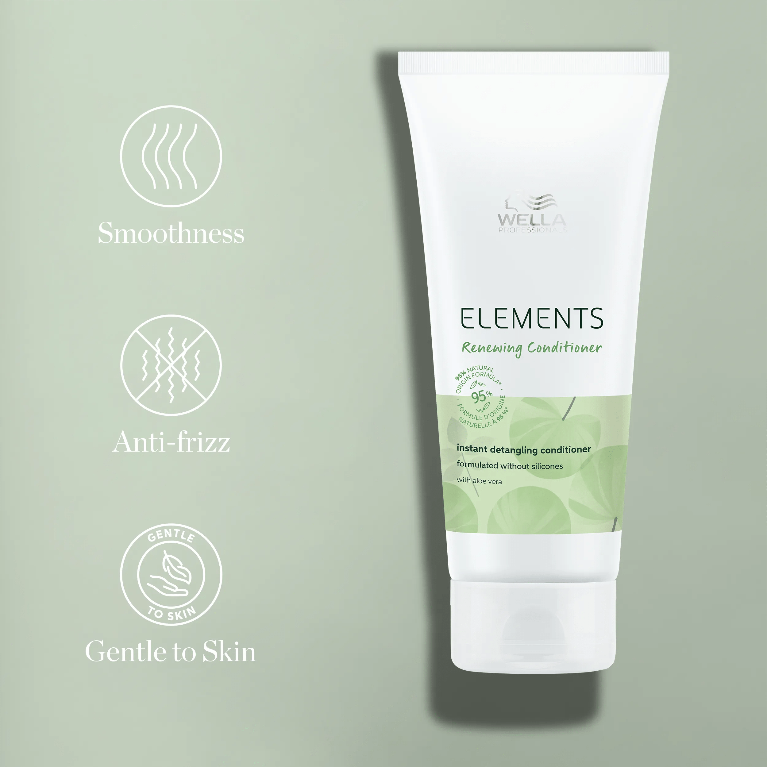 Packshot of Elements Renewing Conditioner beside text saying 'smoothness, anti-frizz and gentle to skin'.