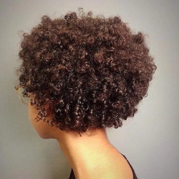 Back of models head with coily brown hair against a gray background.