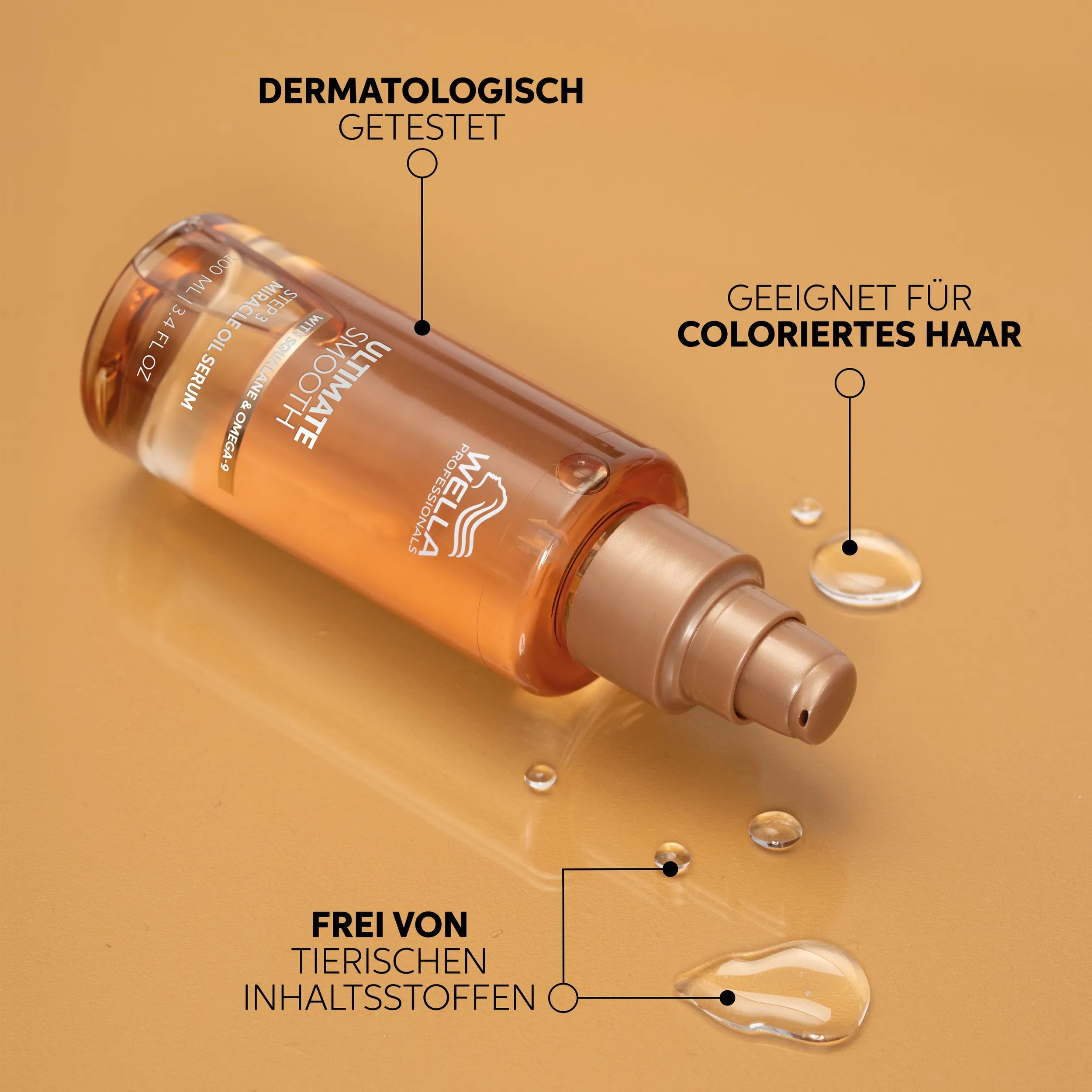 Ultimate Smooth Shampoo, Conditioner, Miracle Oil Serum und Maske auf einem goldenen Hintergrund
