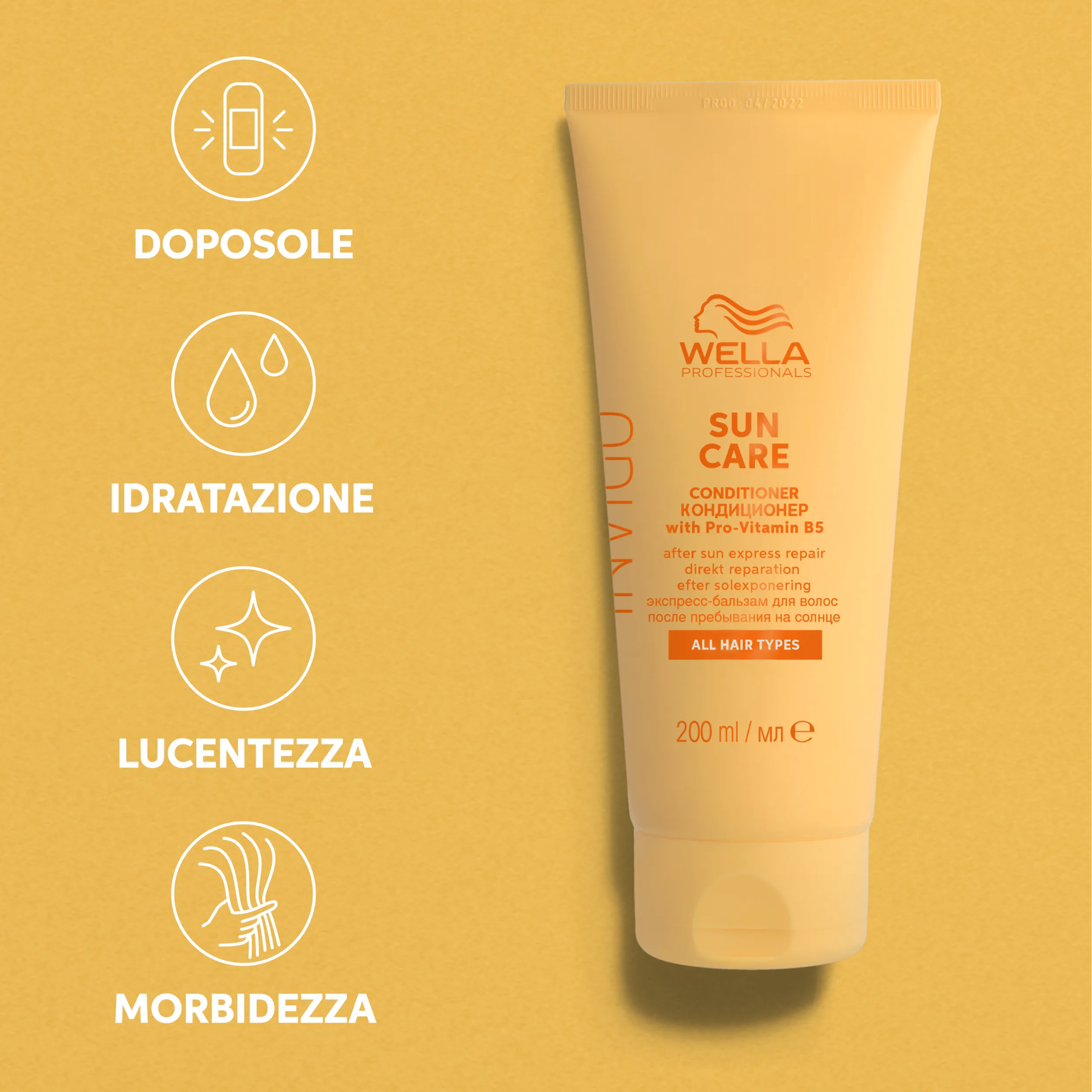 Testo che descrive i benefici del conditioner solare Invigo: riparazione dopo l'esposizione al sole, nutrimento, lucentezza, capelli morbidi.
