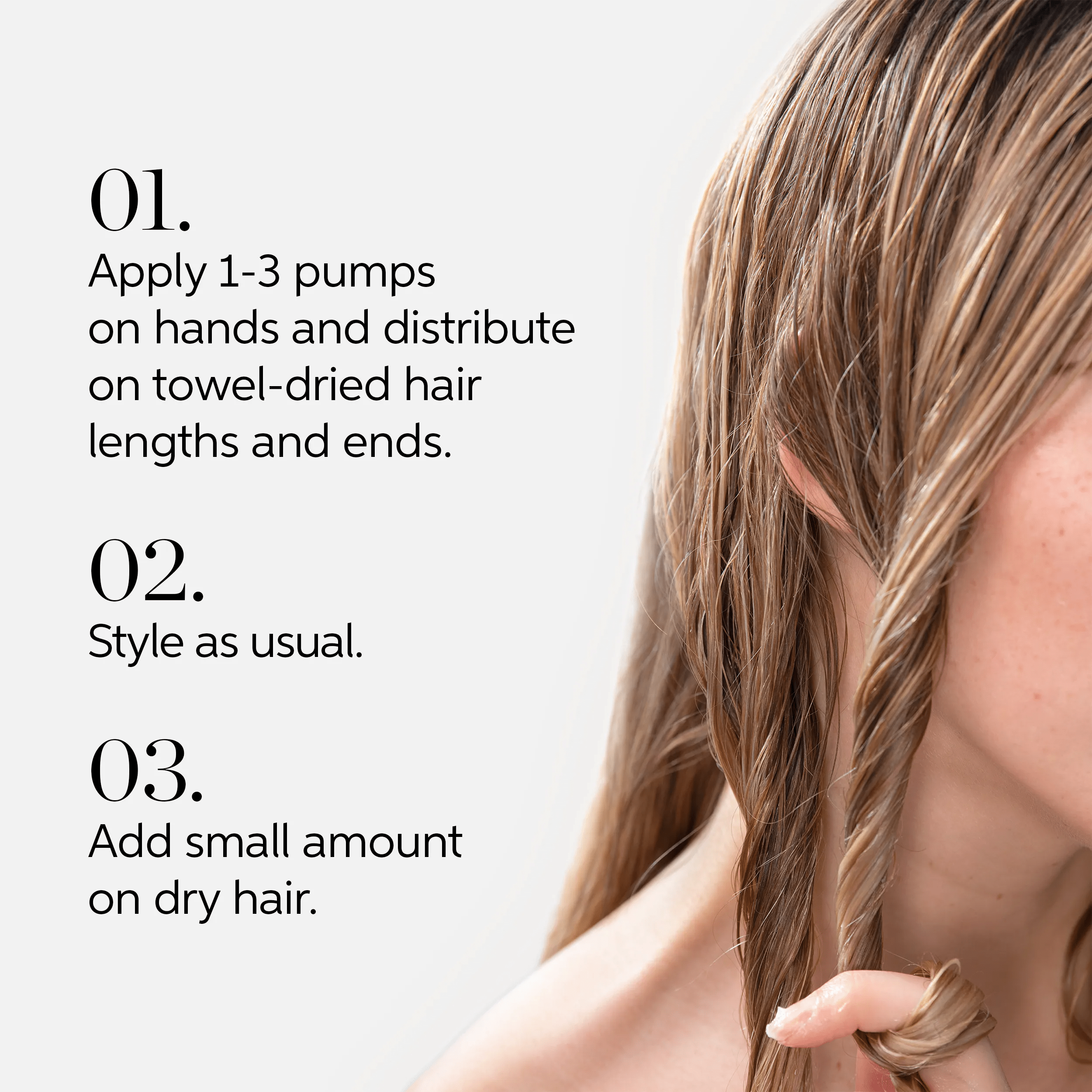 Woman using Wella Professionals Oil Reflections  Light Luminous Reflective Oil  with instructions on how to use it. Text reads apply 1-3 pumps on hand and distribute on towel-dried hair lengths and ends, style as usual, add small amount on dry hair.
