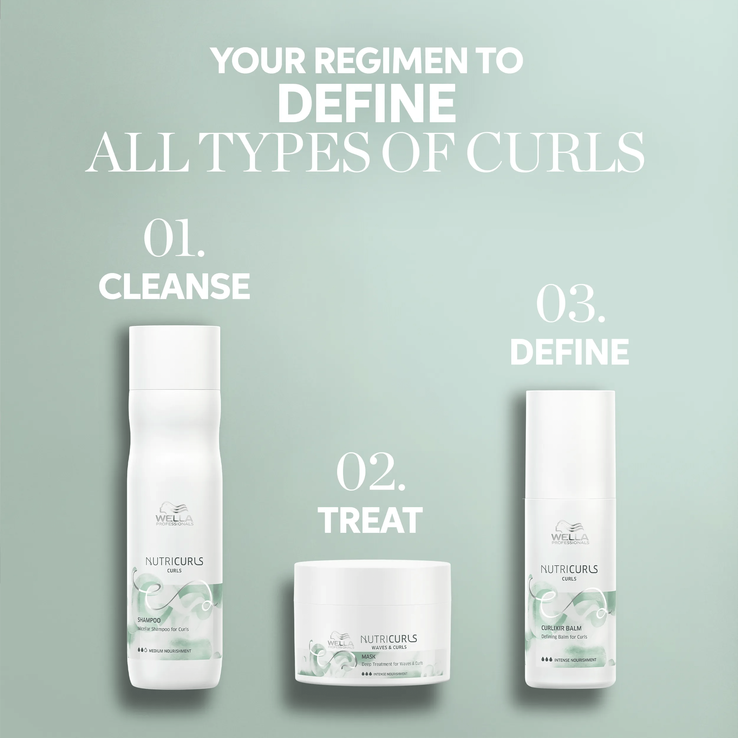 Image of a Wella Professionals NutriCurls three-step regimen for defining all types of curls: Cleanse, Treat, Define.