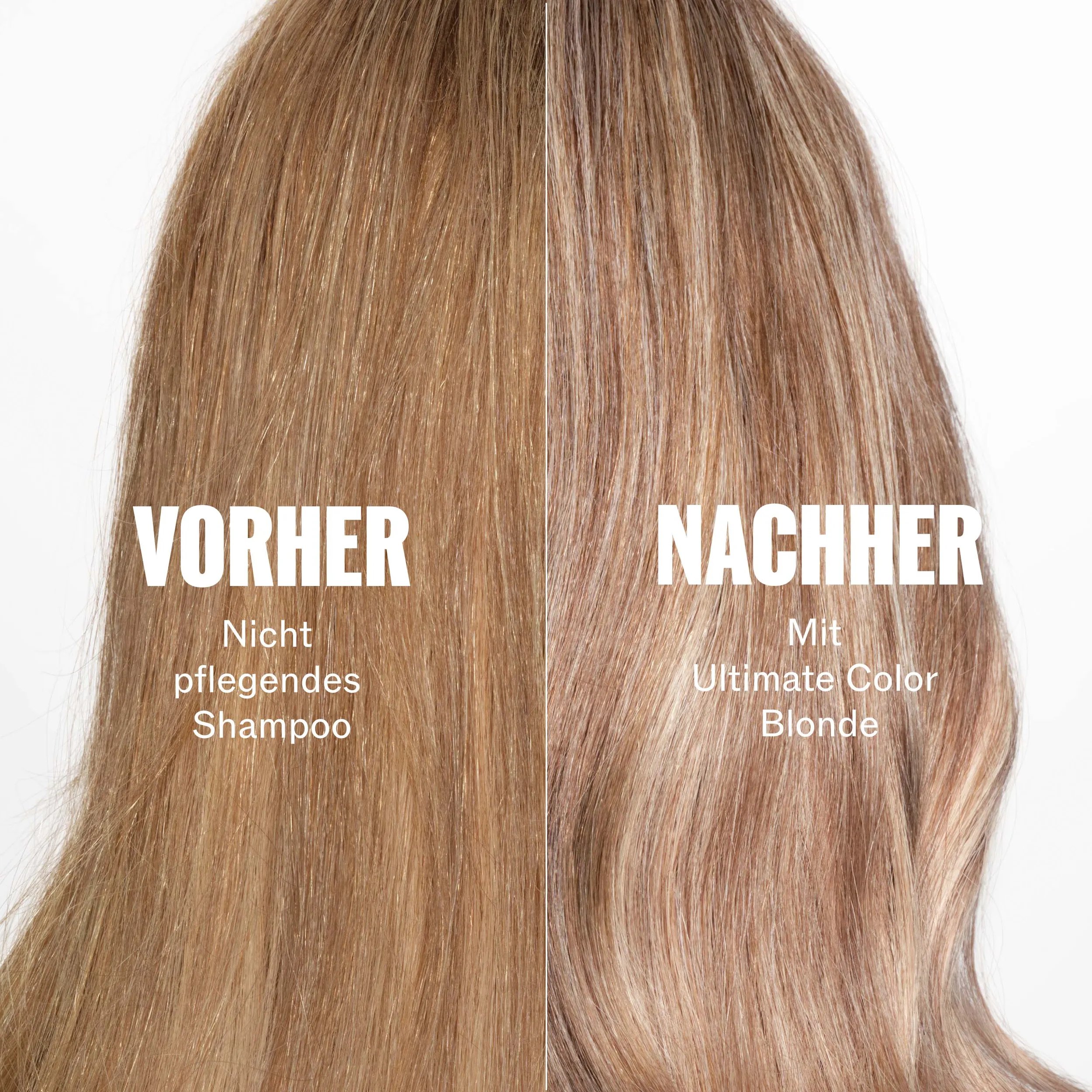 A split image shows a comparison of wavy blonde hair. On the left, labeled "BEFORE," the hair appears dry and brassy. On the right, labeled "AFTER," the hair is smoother, brighter, and has more defined blonde tones, with text indicating it was treated "with Ultimate Color Blonde Regimen."
