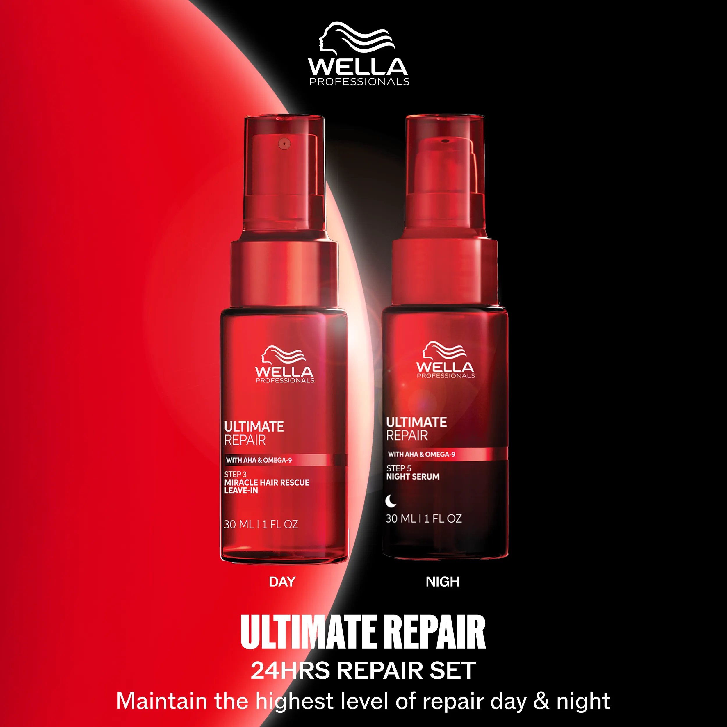 Packshot of Wella Ultimate Repair Miracle Hair Rescue Serum and Night Serum. Text reads Ultimate Repair 24 hrs repair set maintain the highest levels of repair day and night.