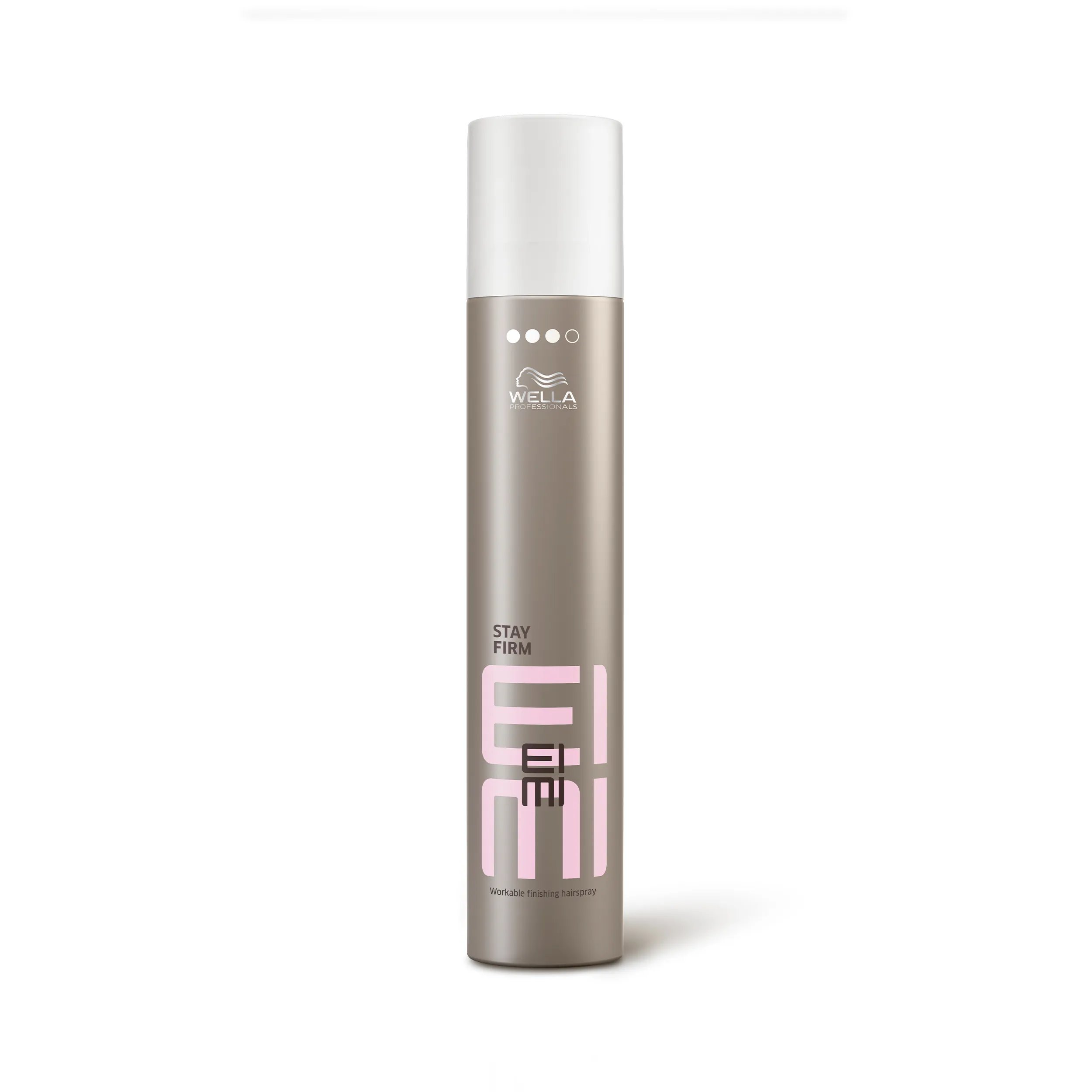 Wella EIMI Stay Firm hairspray packshot - a silver bottle with a white lid and pink EIMI logo.
