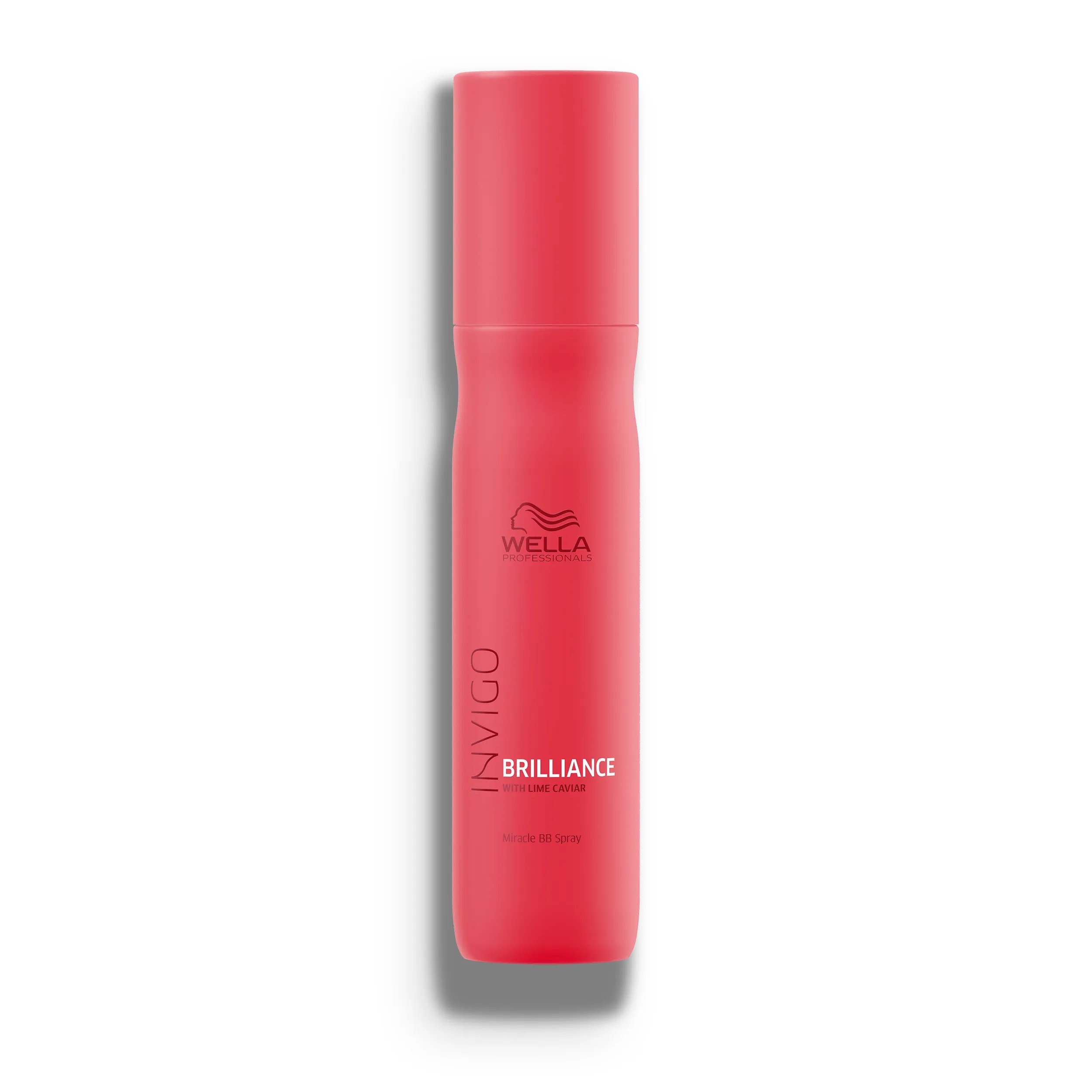 Packshot of Wella Professionals Invigo Brilliance Miracle BB Leave-in Spray - a red bottle with white font and a darker red Wella logo.