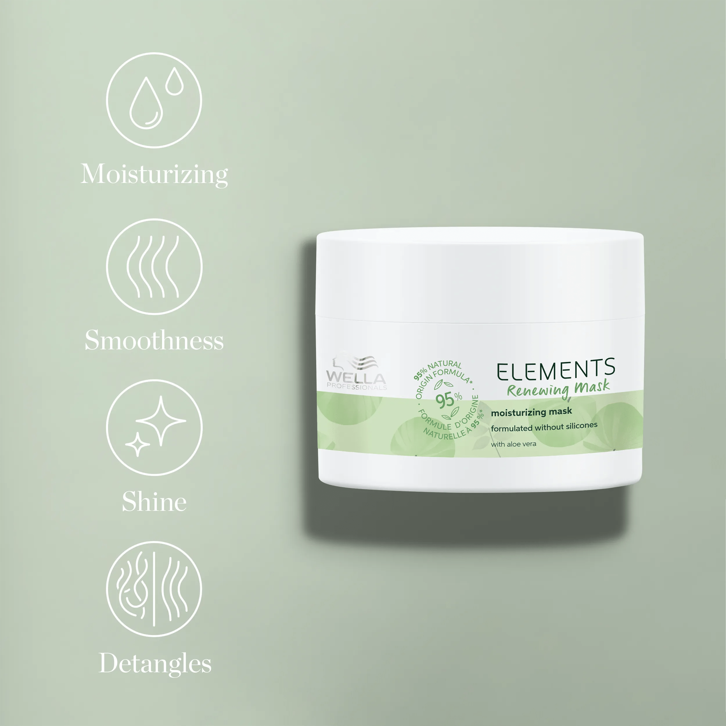 Packshot of Elements Renewing Mask beside text saying 'moisturizing, smoothness, shine and detangles'.