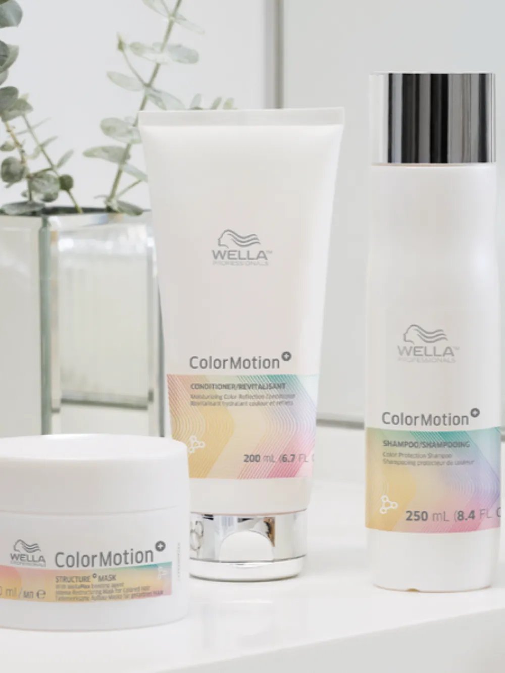 Wella Professionals ColorMotion+ hair care products displayed together.