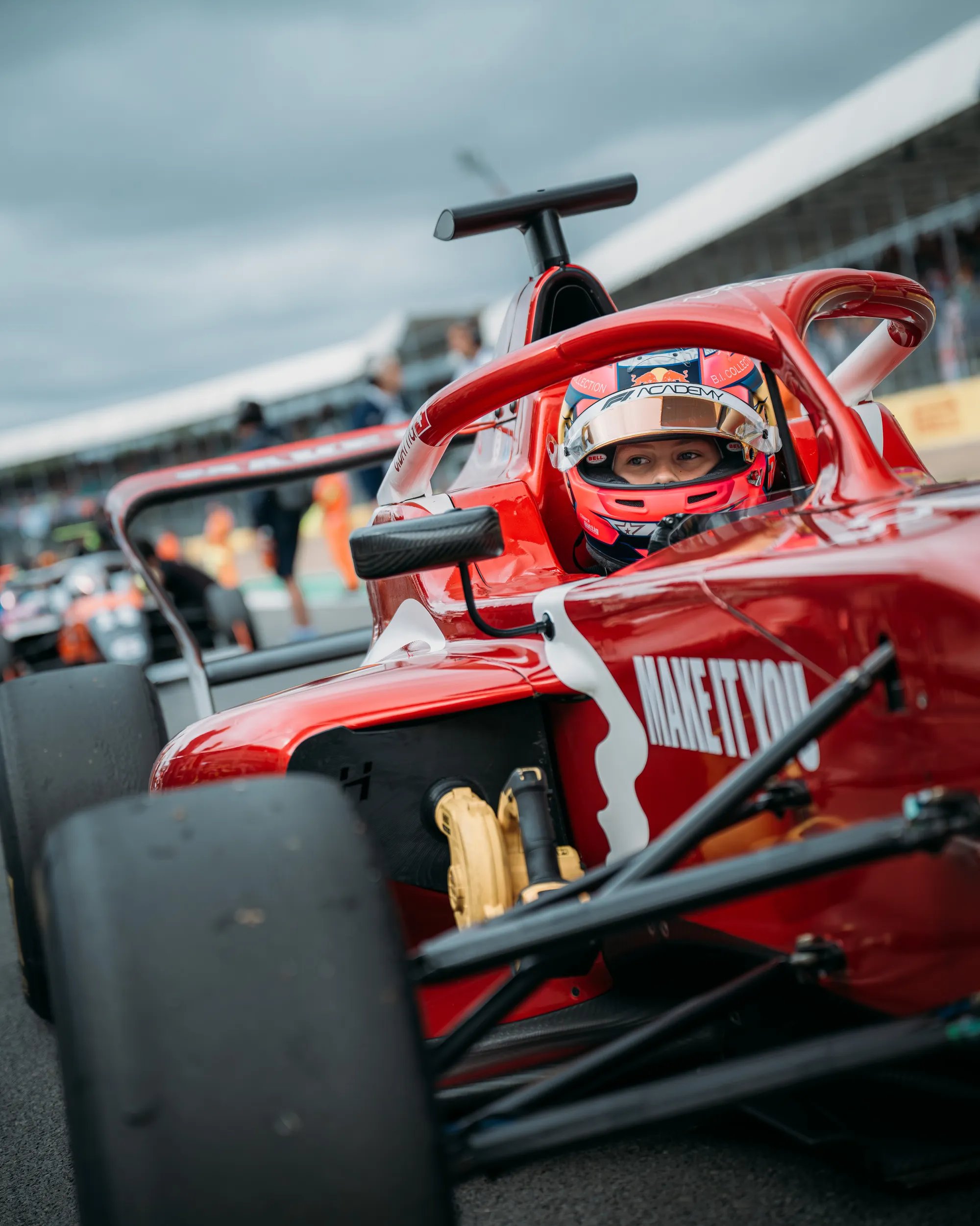 Chiara Bättig in the brand’s bespoke red Wella livery inspired by its “Make It You” campaign.