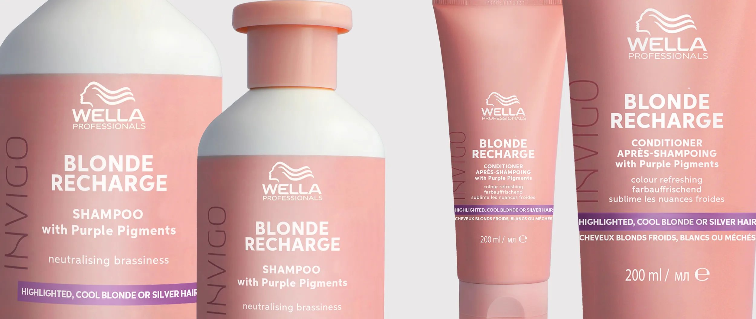 Image shows a collection of INVIGO Blonde Recharge shampoos and conditioners.